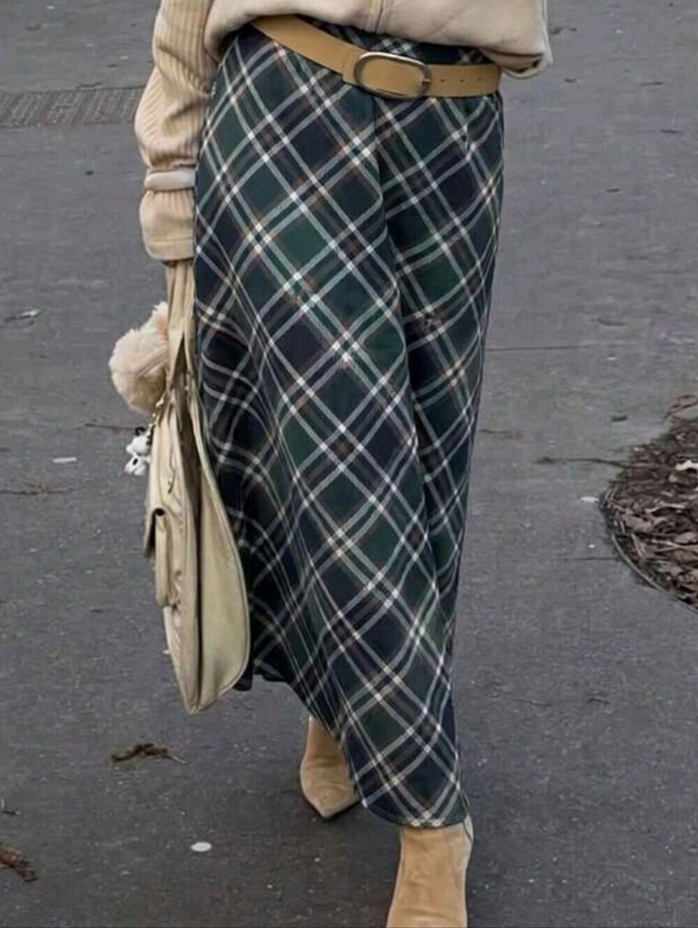 British Retro Deep Green Diagonal Plaid High Waist A-Line Skirt Fo